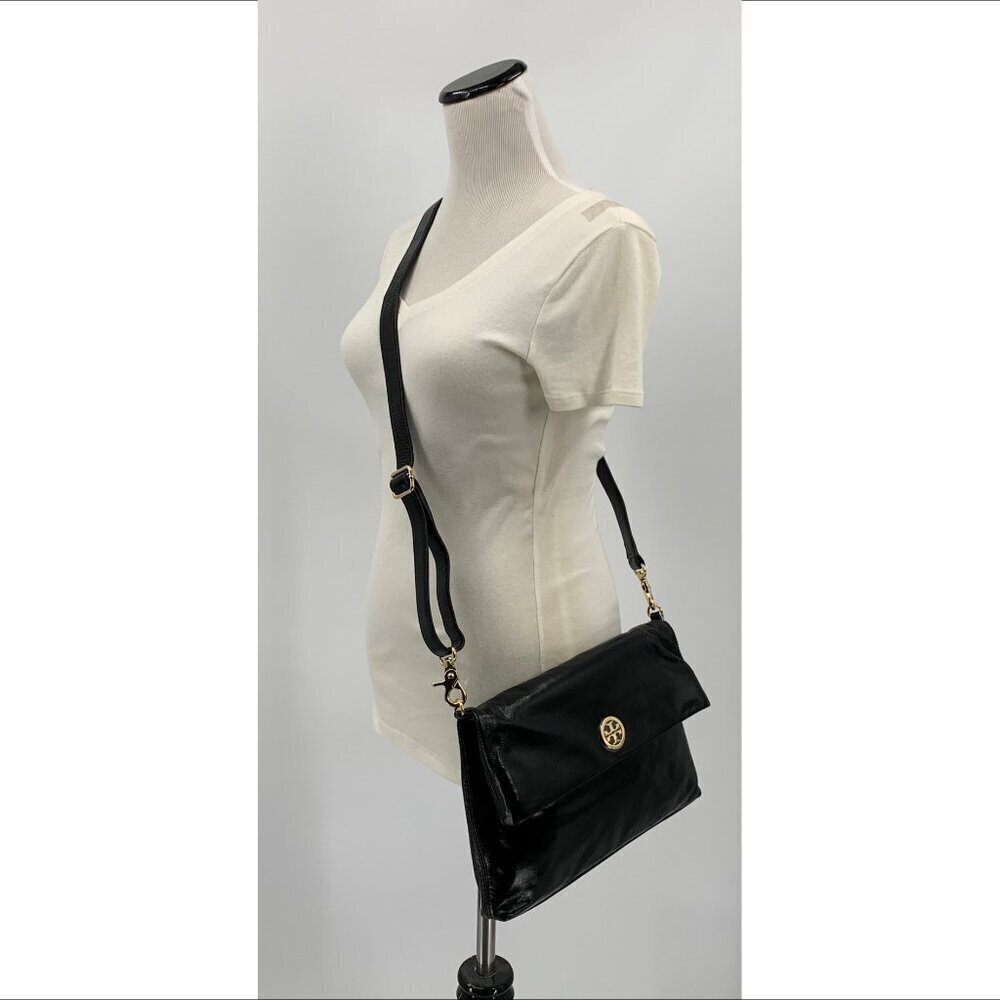 Tory Burch Dena Messenger purse bag black leather logo crossbody convertible new